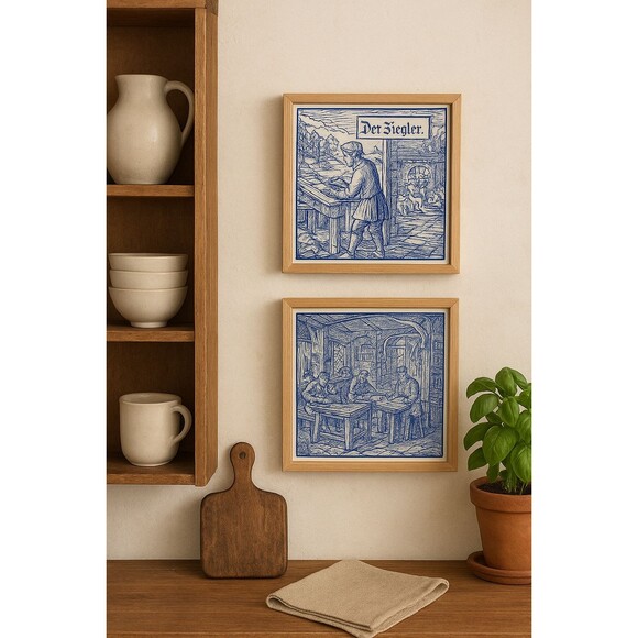 Vintage Medieval Toile Basilea Blue & White Tiles Set of 2 Delft Style 6" - Picture 1 of 8